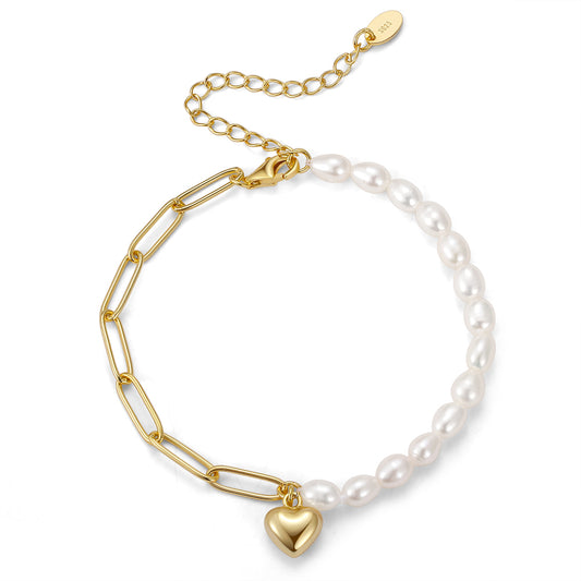 Pulsera de Plata 925 bañada en Oro 14K con Perlas Cultivadas de Rio. Largo 17+5cm.Corazon de 7mm